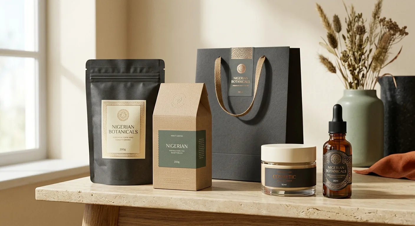 Luxury packaging collection including matte stand-up pouch, cosmetic jar, dropper bottle, carton, and premium paper bag.